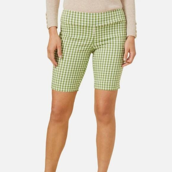 J. McLaughlin Pants - J. McLaughlin Green White Gingham Stretch Bermuda Shorts Pull On Size 2 NEW